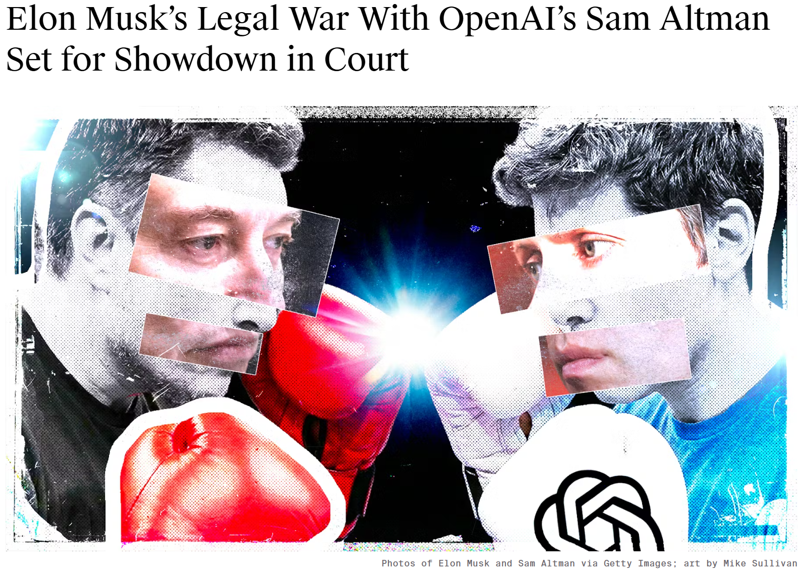 马斯克与奥特曼拼贴艺术对峙图，中间产生冲突光效