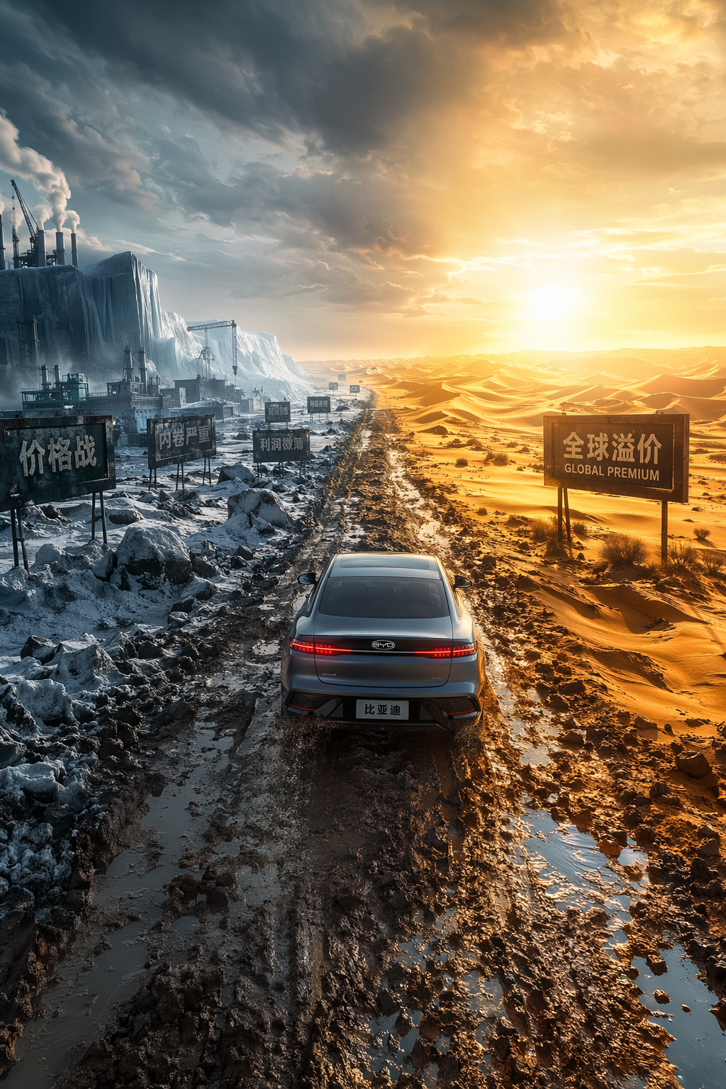 比亚迪战略抉择：左侧广告牌价格战内卷利润微薄，右侧全球溢价 GLOBAL PREMIUM