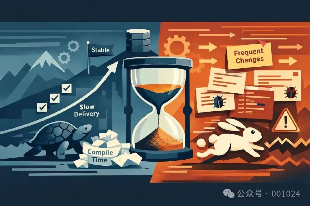 Rust与动态语言在开发效率与稳定性上的权衡示意图