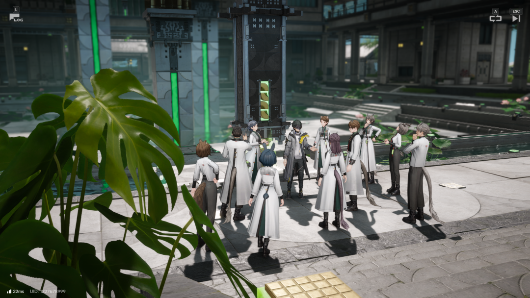 众多角色聚集在科技广场上的俯瞰截图