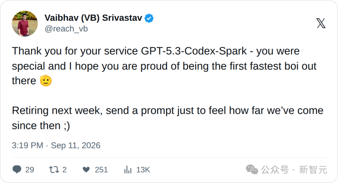 Hugging Face开发者Vaibhav感谢GPT-5.3-Codex-Spark服役并邀请用户发prompt的推文截图