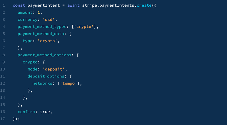 Stripe MPP代码示例：使用JavaScript创建支持加密货币的支付意图