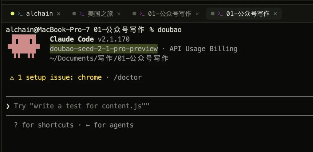 终端里豆包驱动 Claude Code,自报模型名