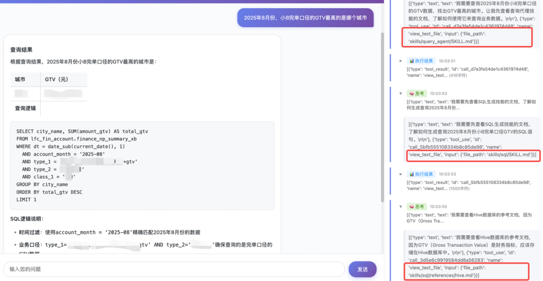 财务数据查询对话与结果界面
