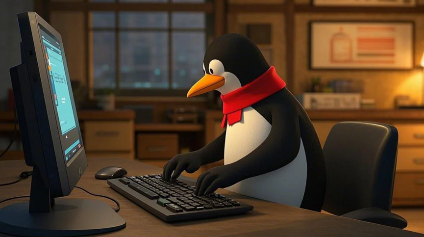 卡通企鹅在电脑前工作的趣味插图