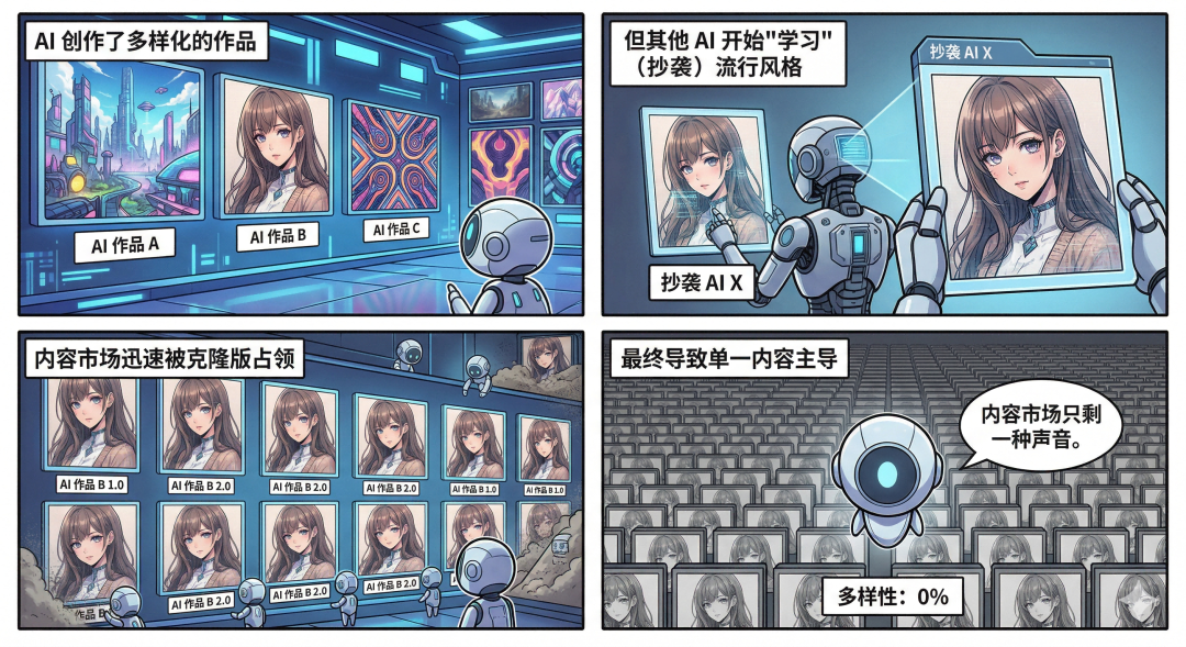 描绘AI创作导致内容同质化的示意图