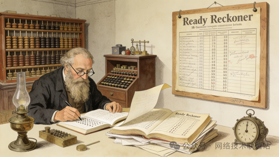 使用算盘和Ready Reckoner表格的老人