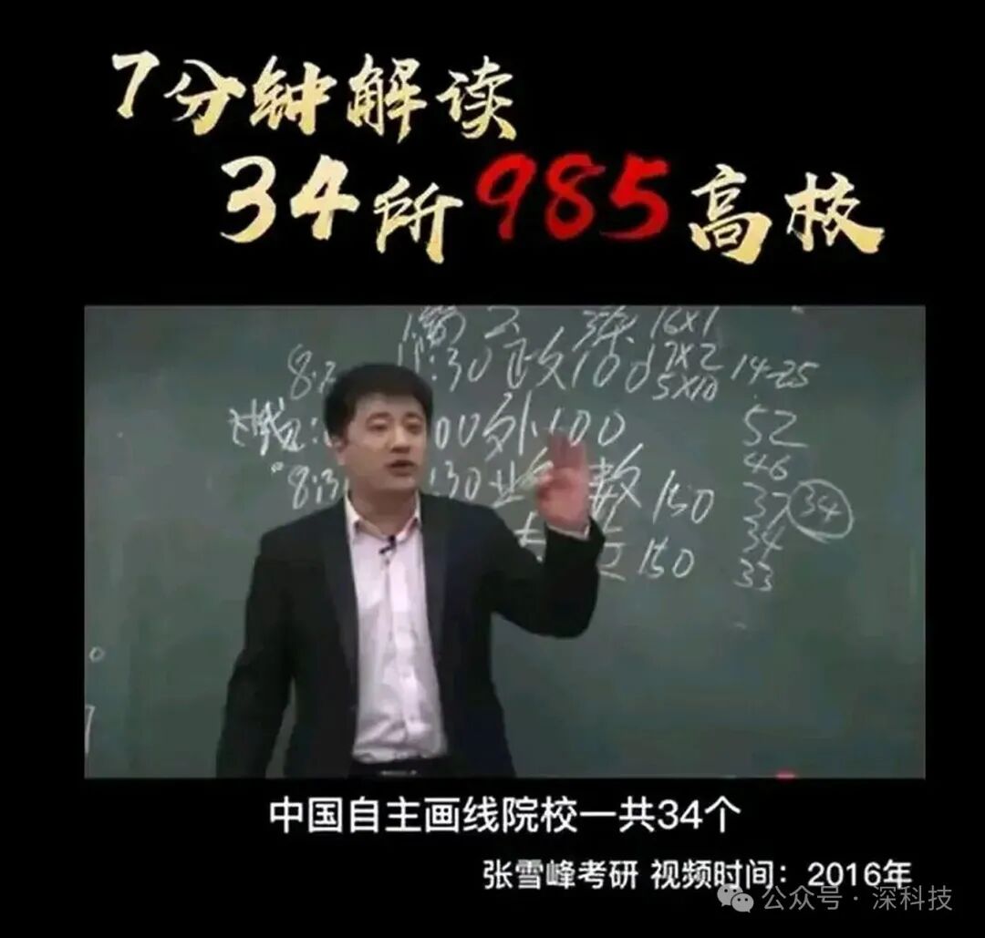 张雪峰早期视频教学场景，讲解34所985高校