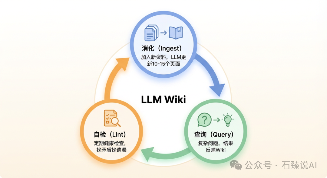 LLM Wiki 的消化、查询、自检操作循环示意图