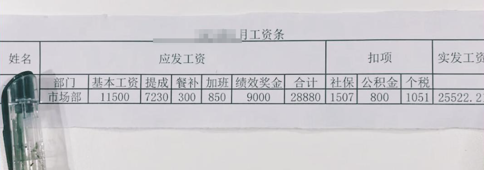 一张详细的月工资条局部截图