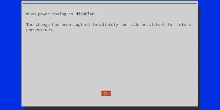 raspi-config中禁用WLAN节能的确认对话框