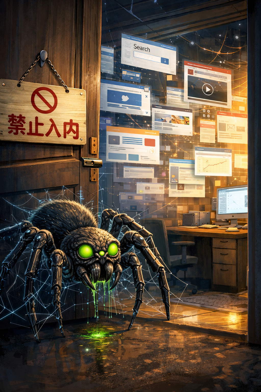 一只机械蜘蛛站在“禁止入内”的标志前，象征守规矩的爬虫