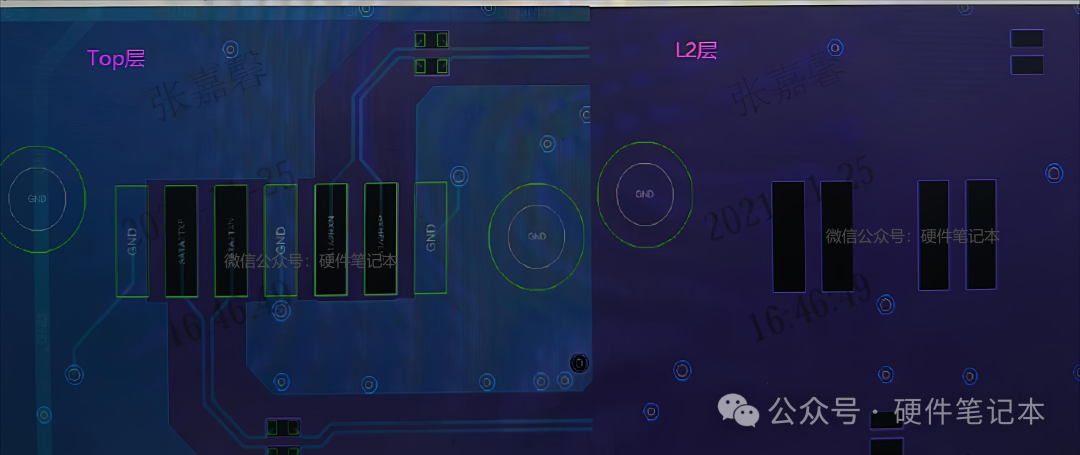 SATA连接器与AC电容焊盘下方的参考层挖空示意图
