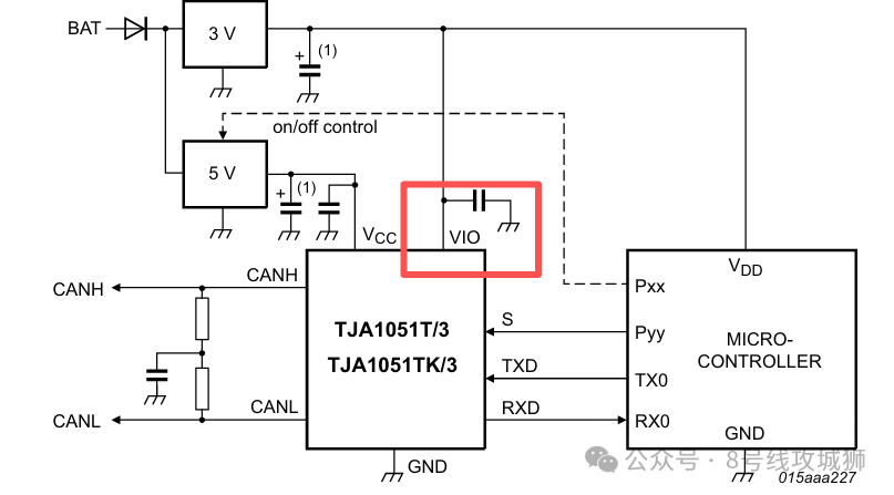 TJA1051T/3 CAN收发器与微控制器连接原理图，标示VIO引脚及其去耦电容