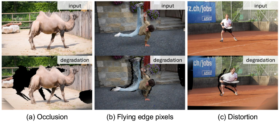 三种在线退化类型示意图：遮挡、飞行边缘像素、变形