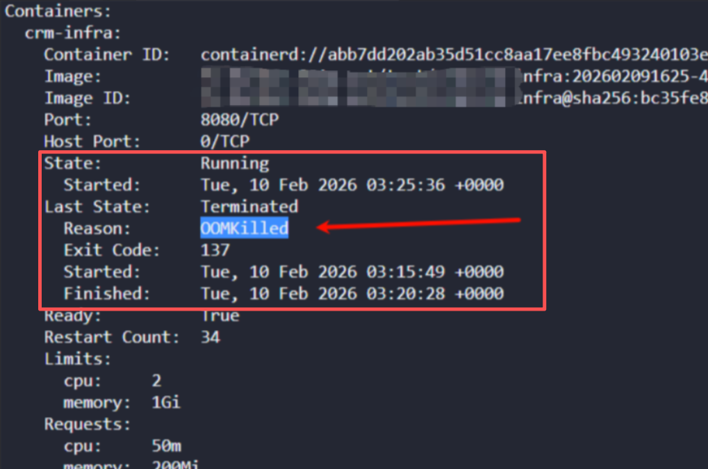 describe命令输出示例，突出显示容器状态和终止原因
