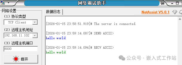 网络调试助手作为TCP客户端连接服务器并收发数据的界面截图