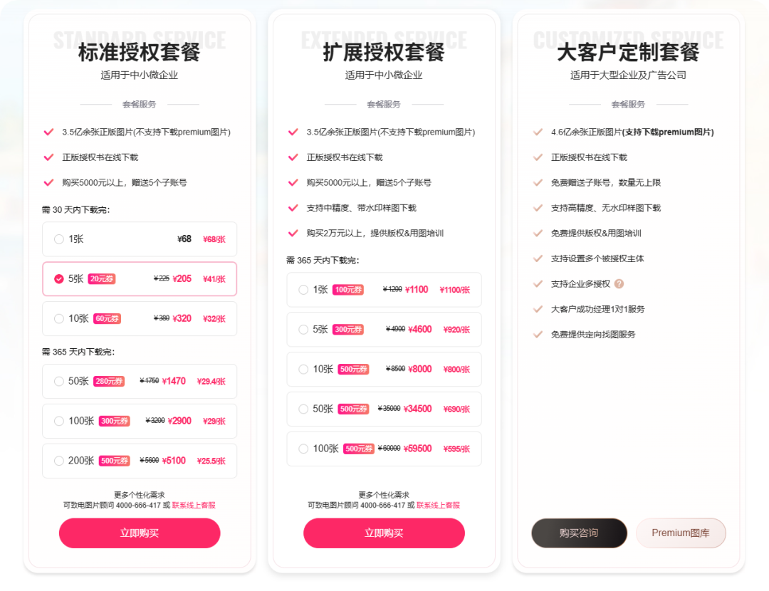 图片授权服务定价卡片对比:标准、扩展和大客户套餐价格差异