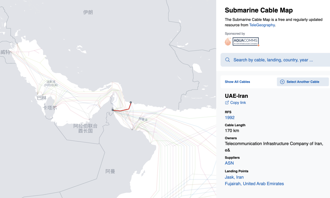 波斯湾海底光缆汇聚点地图