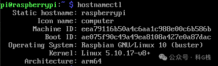 终端中hostnamectl命令的输出，显示操作系统为Raspbian，内核为5.10.17