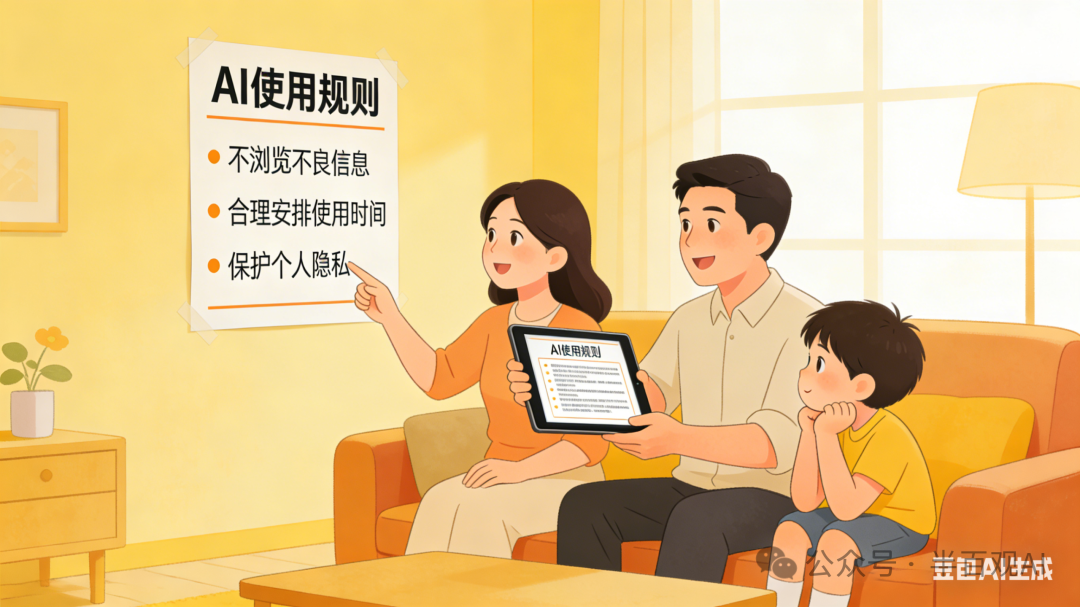 一家人共读AI使用规则插画