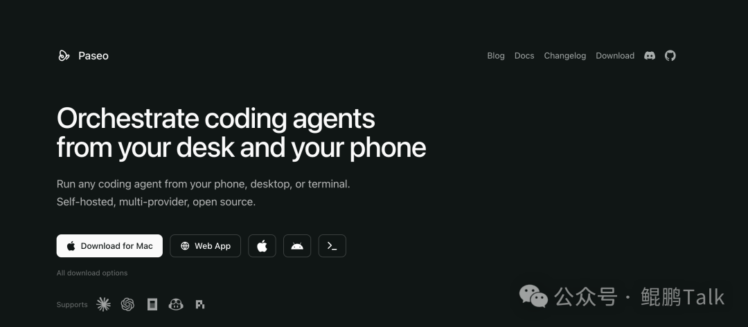 Paseo 官方网站首页截图，展示其支持多端下载及核心特性