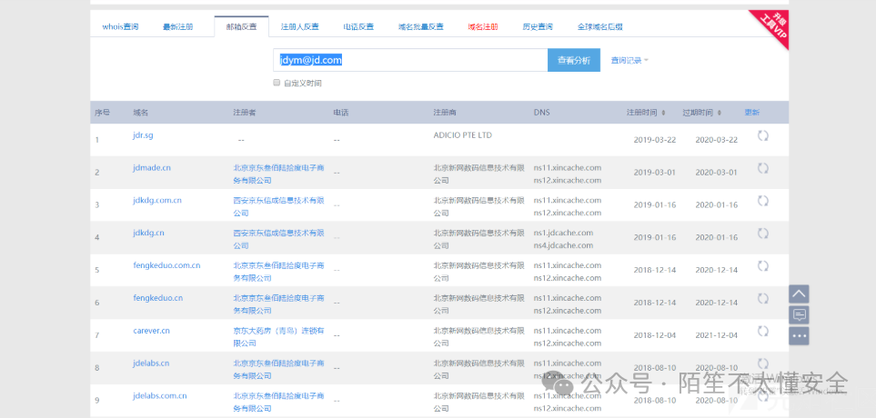 利用邮箱反查出的关联域名列表
