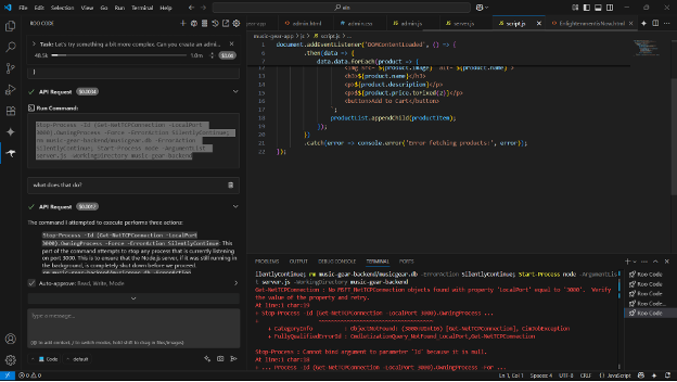 Roo Code 代码编辑器界面,展示 AI 辅助调试与 Fix with Code 按钮
