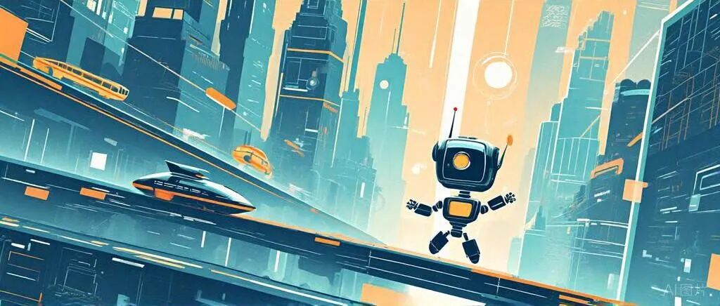 一幅赛博朋克风格的未来城市插画，包含机器人与飞行器