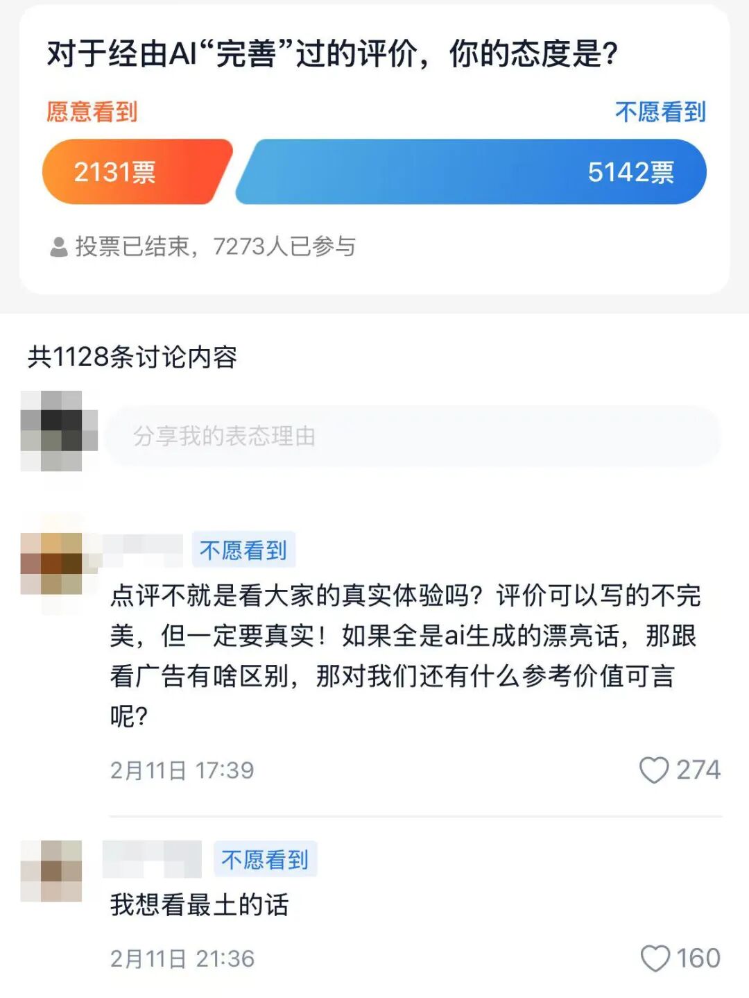 关于“是否愿意看到AI完善过的评价”的社交媒体投票结果