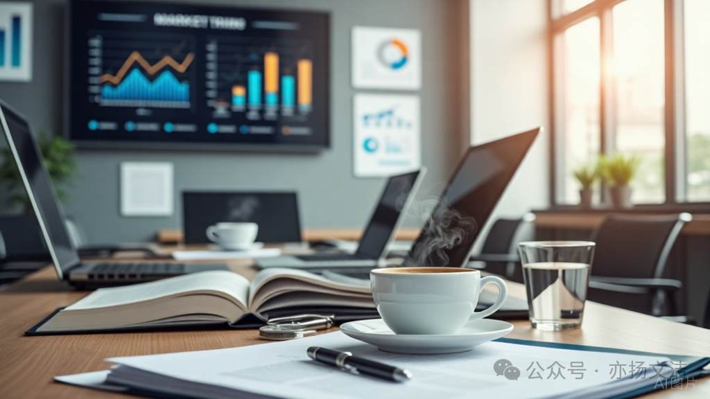 描述工作场景的办公桌，有书本、咖啡和显示数据分析图表的电脑屏幕
