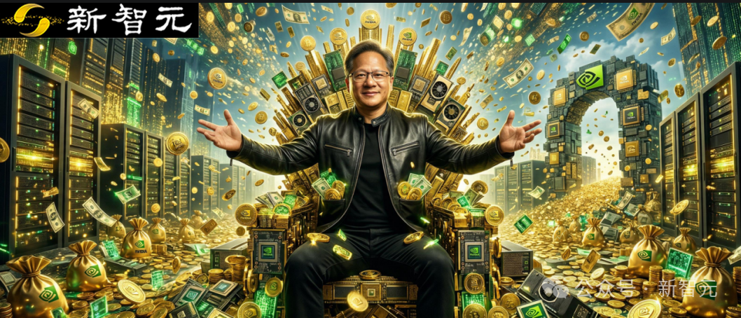 一位坐在服务器与金币王座上的男子,象征着算力与财富的融合