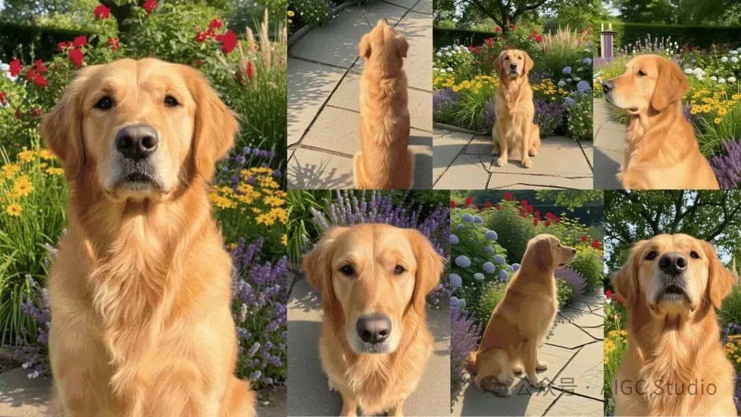 一只金毛犬在花园中的多角度展示图