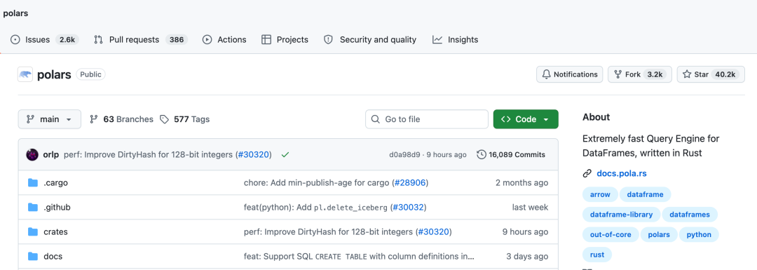 Polars GitHub 仓库主页截图