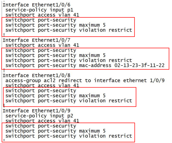 SW端口安全配置,Ethernet1/0/6到1/0/9端口最多学习5个MAC地址并绑定PC1