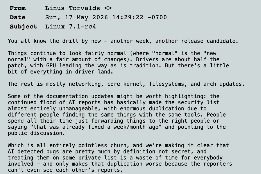 Linus Torvalds 关于 AI 生成 Bug 报告的邮件内容截图