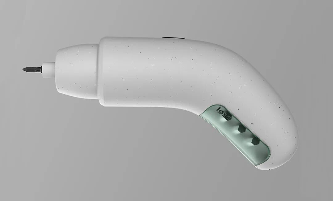 一张白色电动螺丝刀的产品设计图，机身呈流线型设计