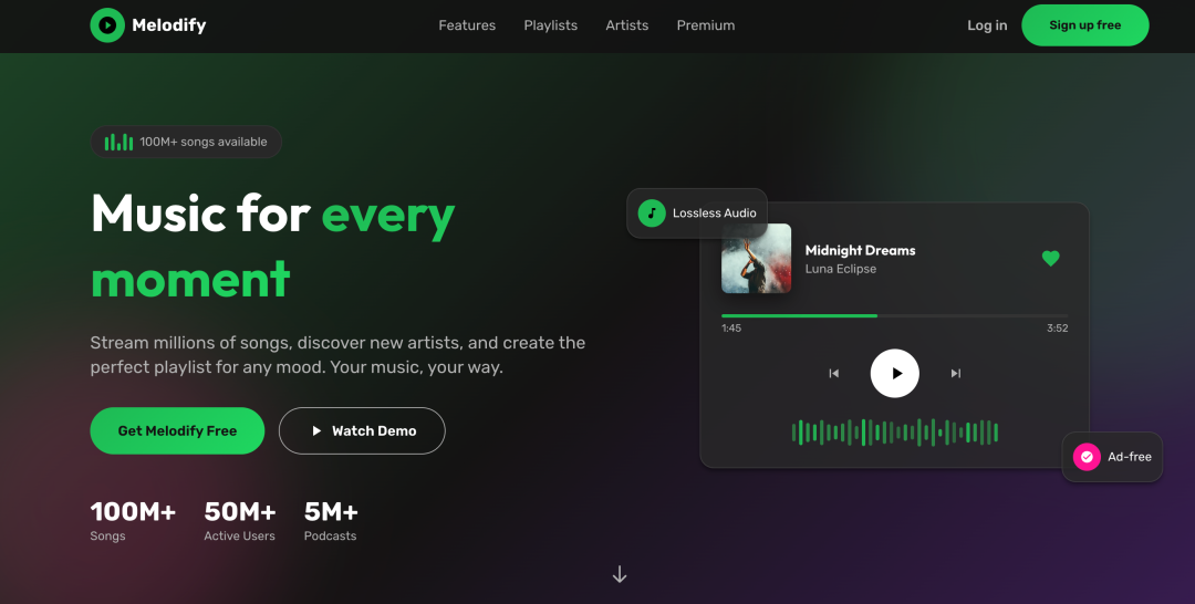 UI UX Pro Max 音乐流媒体网站示例