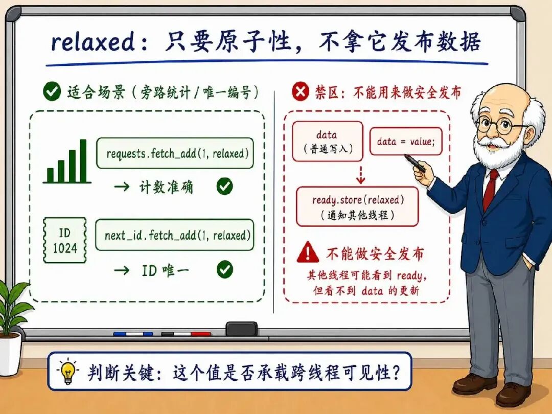 relaxed 适用场景与禁区:只要原子性,不拿它发布数据