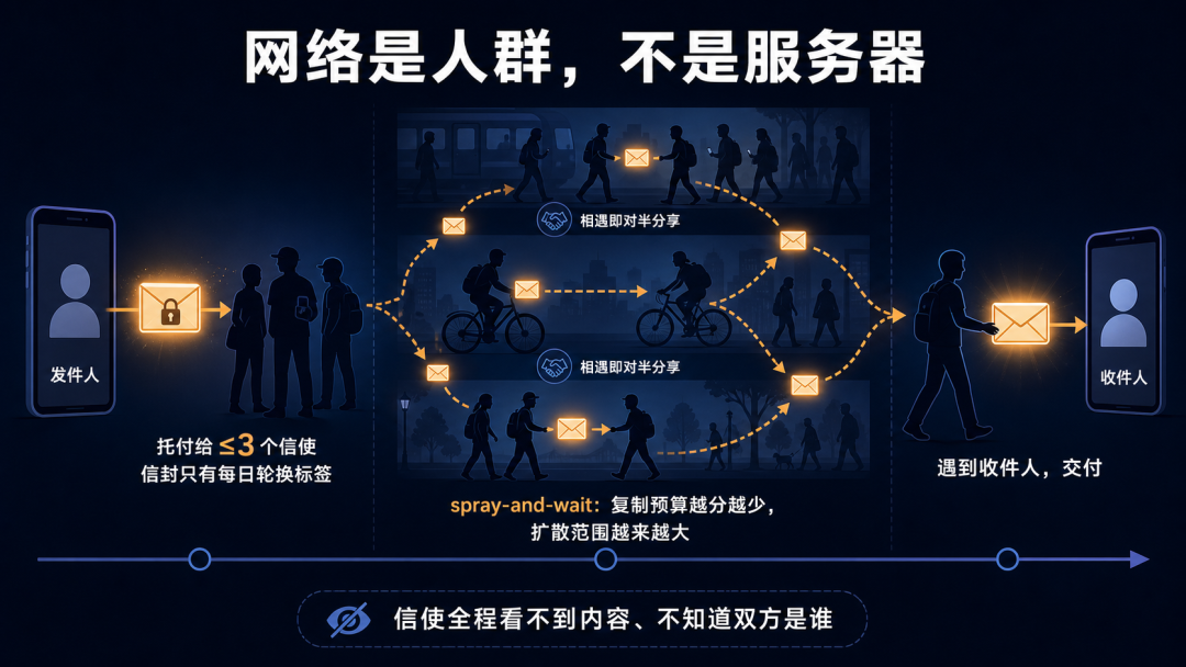 信使存储转发机制:密信封由信使相遇对半分享,像花粉一样扩散到收件人