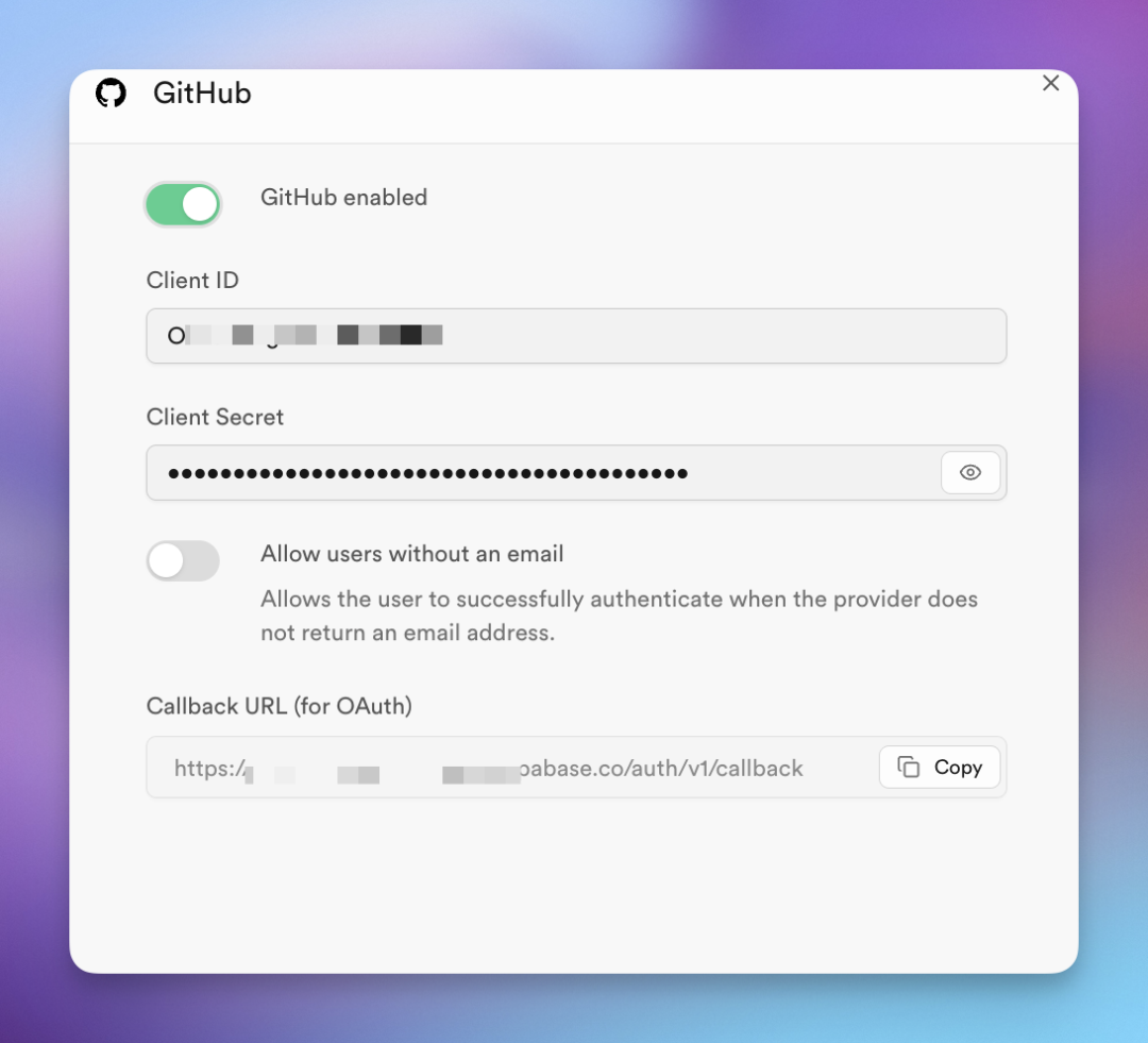 Supabase GitHub 提供商配置界面，需填入 Client ID 和 Secret