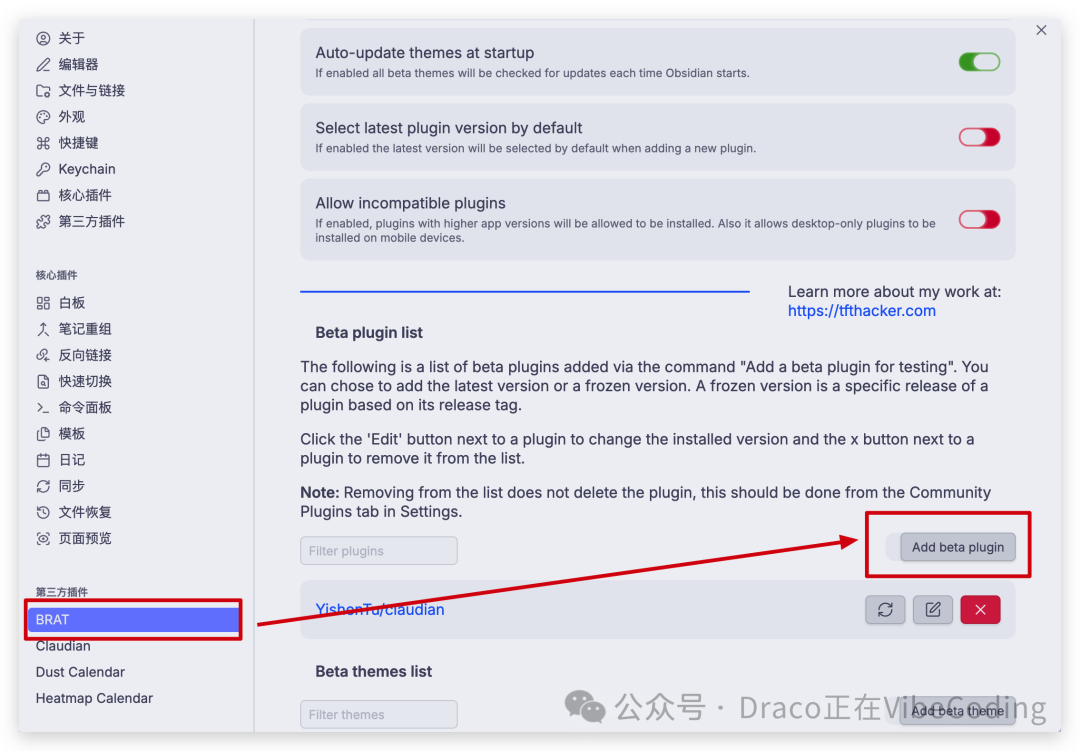 BRAT插件设置界面，准备添加Beta插件