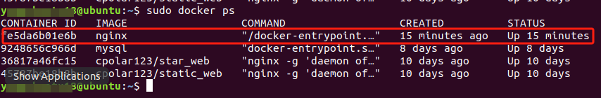 Docker 容器列表,mynginx 容器状态为 Up