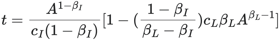 t = A^(1-β_I) / (c_I(1 - β_I)) [1 - ((1 - β_I)/(β_L - β_I))c_Lβ_LA^(β_L-1)]
