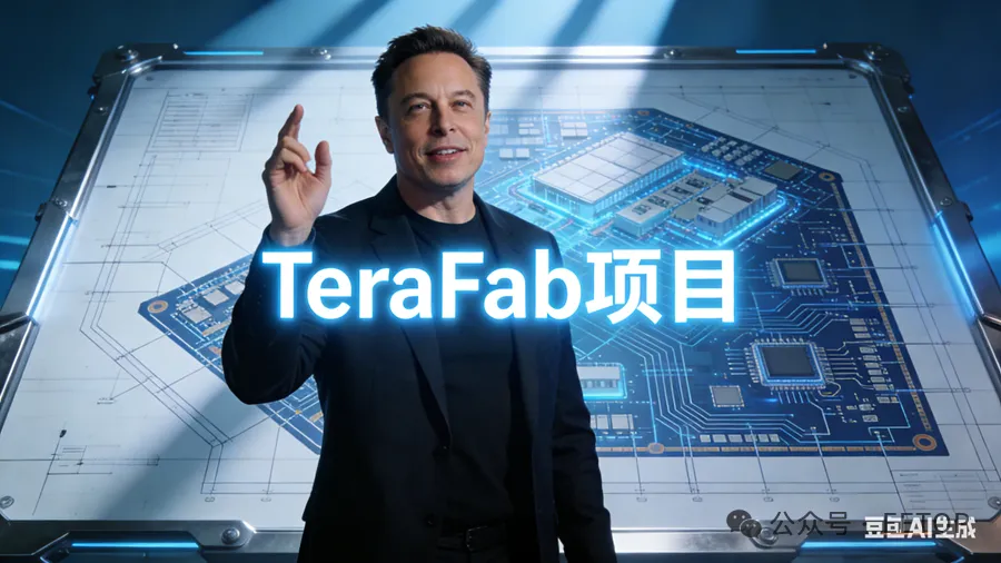 TeraFab项目概念展示：一名西装男性在科技感屏幕前讲解，背景为电路板与发光的项目名称