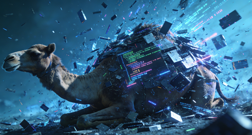 一只赛博朋克风格的骆驼，身体被电子元件和代码屏幕解构，寓意着“压死骆驼的最后一根稻草”。