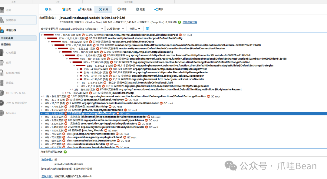 JProfiler显示HashMap$Node对象的引用链