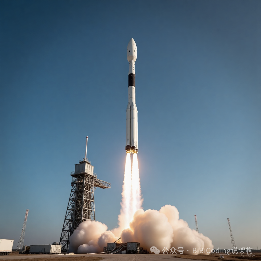 长征十号火箭发射模拟图，背景为蓝天与发射塔架