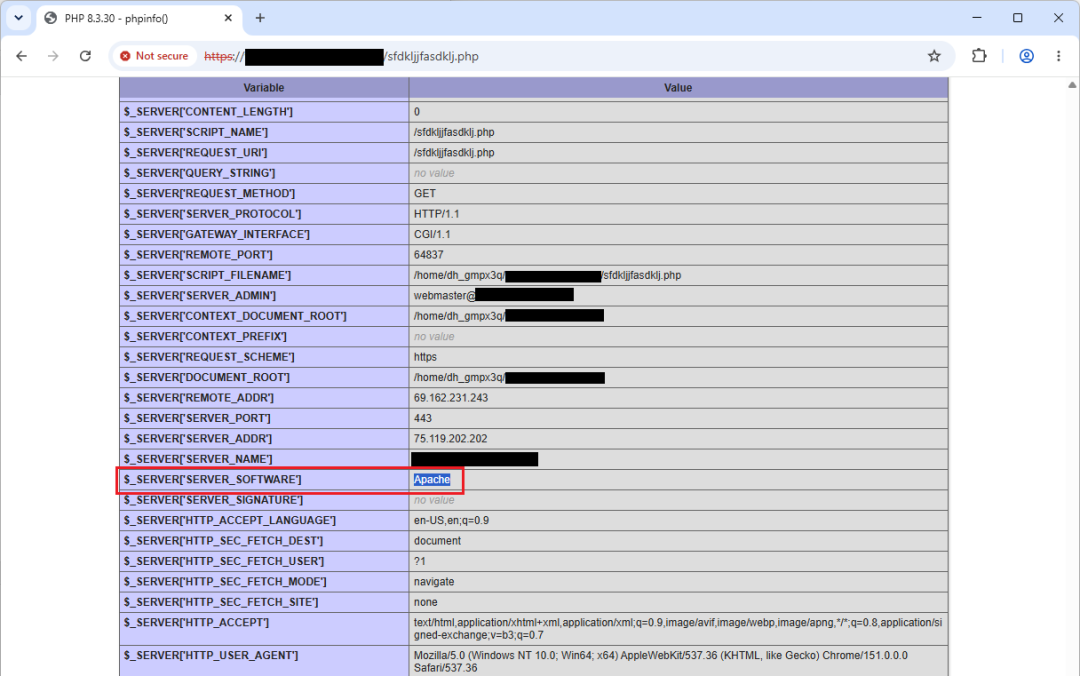 phpinfo 页面显示 SERVER_SOFTWARE 为 Apache