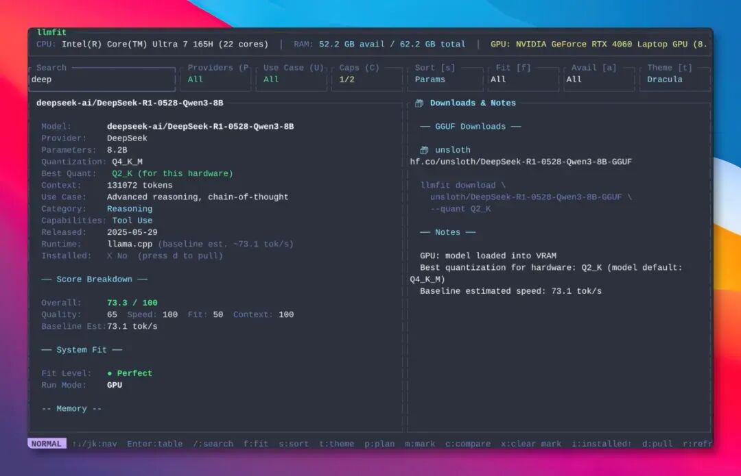 llmfit模型详情与下载界面